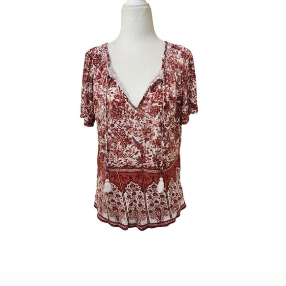 Lucky Brand Red/Cream Paisley Boho Top Size Small Petite - Picture 1 of 7